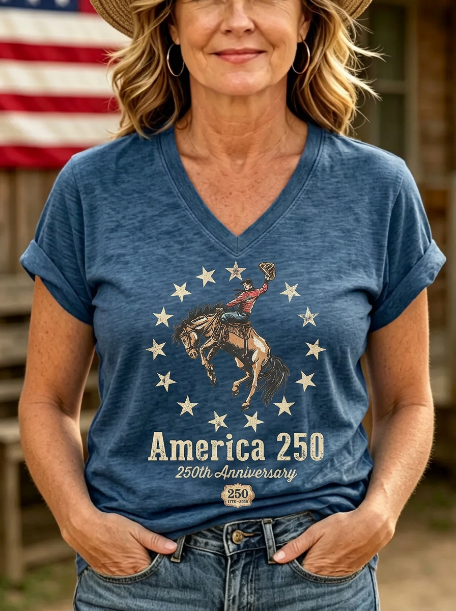 Women's Western Independence Day Cowboy Horse Printed T-shirt-2
