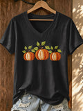 Women's Pumpkin Print V-Neck T-Shirt