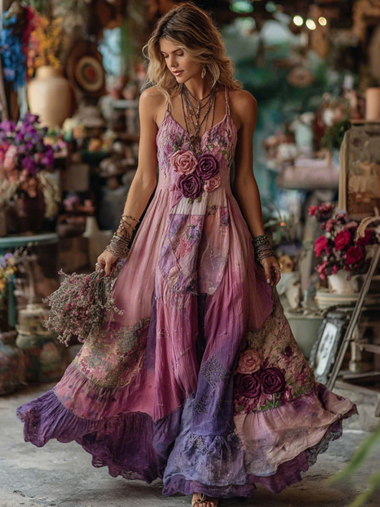 Vintage Boho Purple Floral Art V Neck Sleeveless Casual Maxi Dress