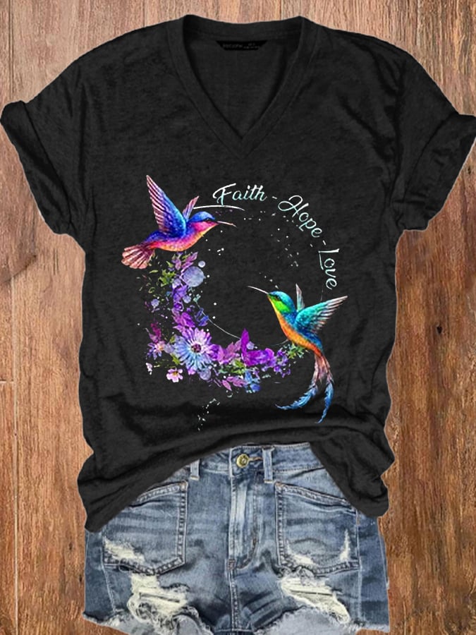 Women's Faith Hope Love Hummingbird Alzheimer's Awareness Printed V-Neck Tee