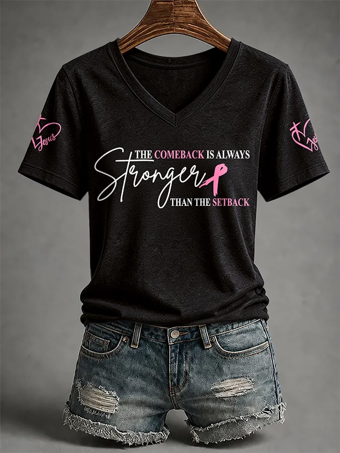 V-Neck Retro Breast Cancer Awareness Pink Ribbon The Comeback Is Always Stronger Than The Setback Print T-Shirt