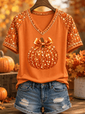 Women's Fall Season Pumpkin Print Casual V-Neck Tee
