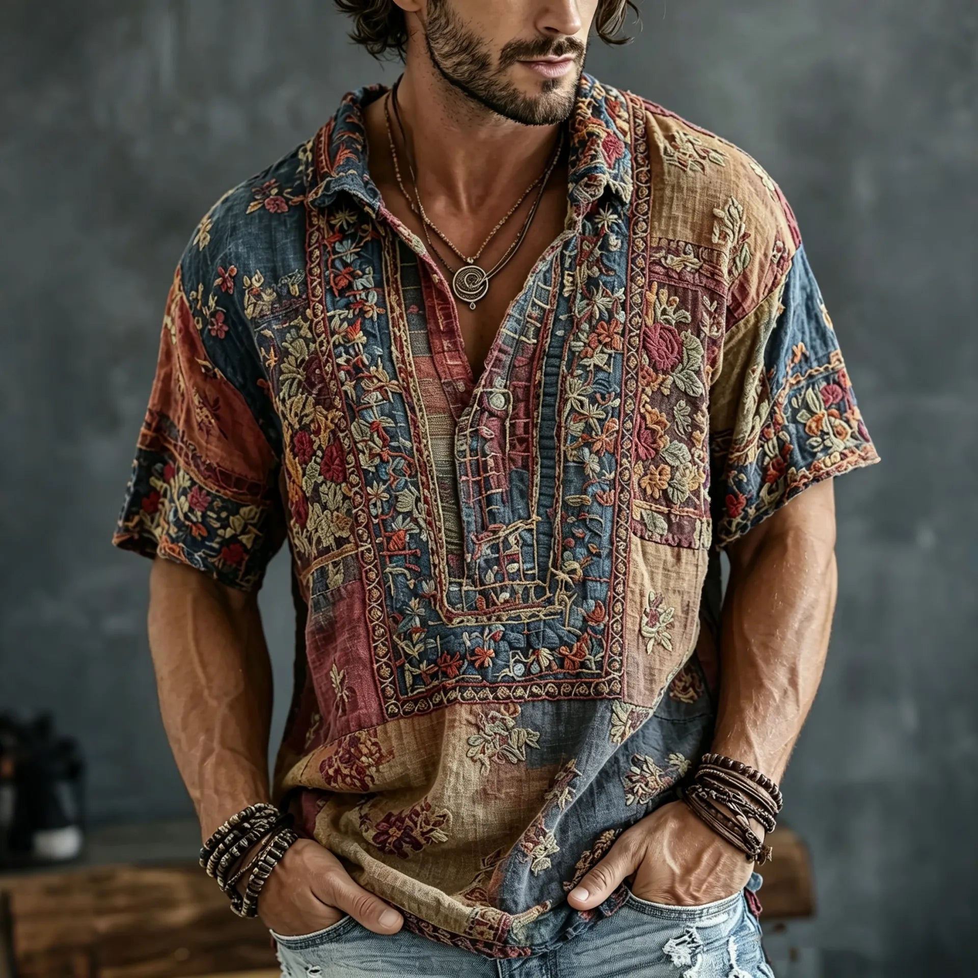 Men's Vintage Floral  Patchwork Embroidered Art Print Flowy Linen Blend Casual Tshirt