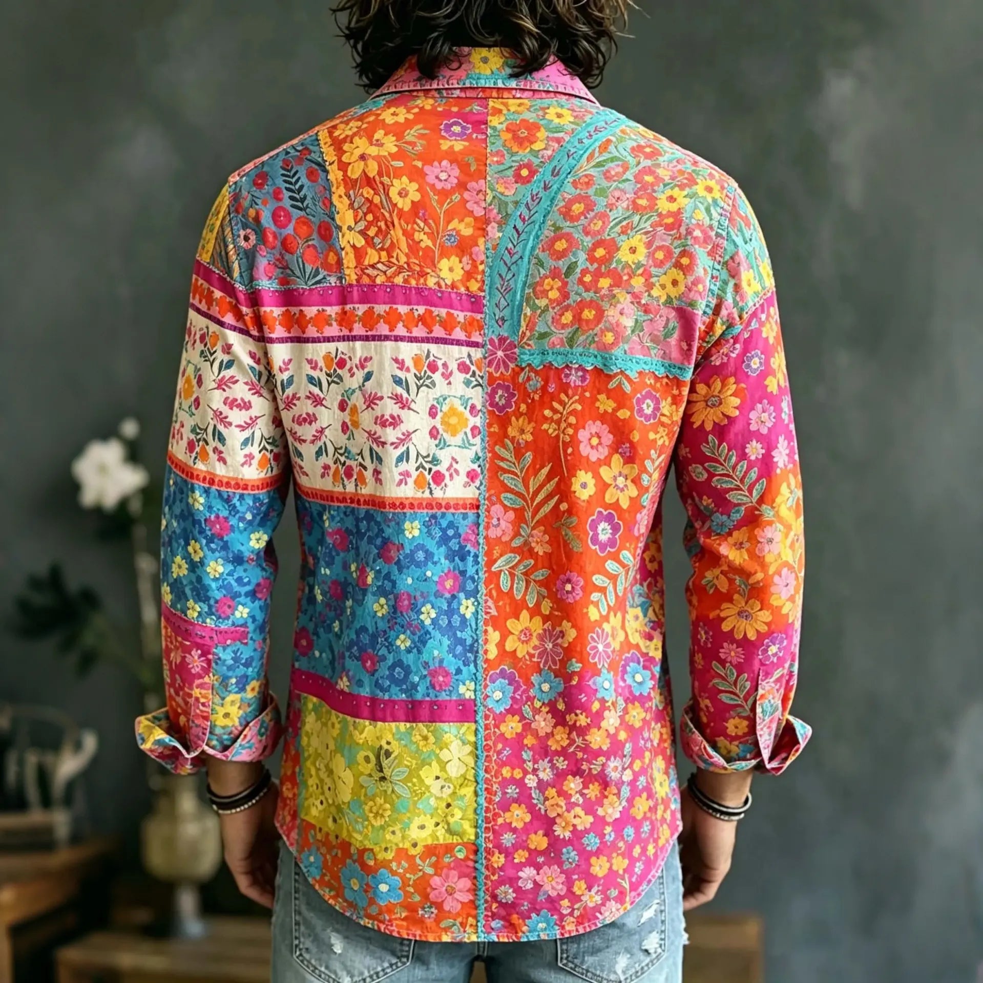 Men's Retro Hippie Style Floral Art Print Long-sleeved Cotton Linen Shirt