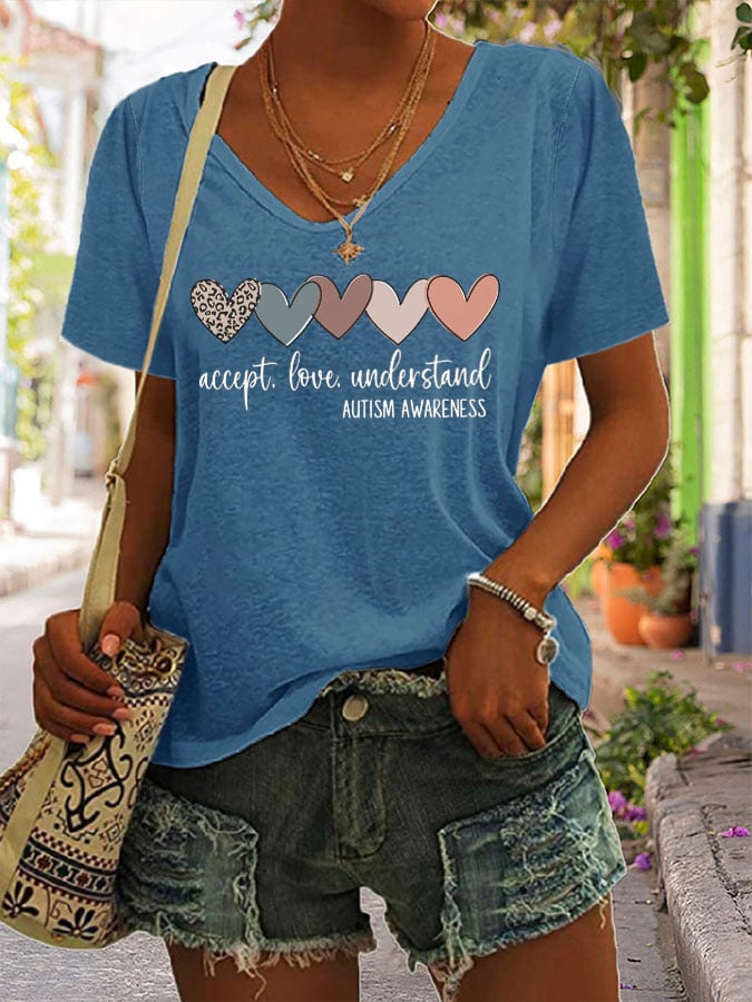 Women's Autism Awareness Understands Love Acceptance Printed Short-Sleeved T-Shirt