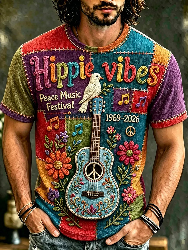 Men's Vintage 60s Music In Patchwork Art Hippie Crew Neck T-shirt