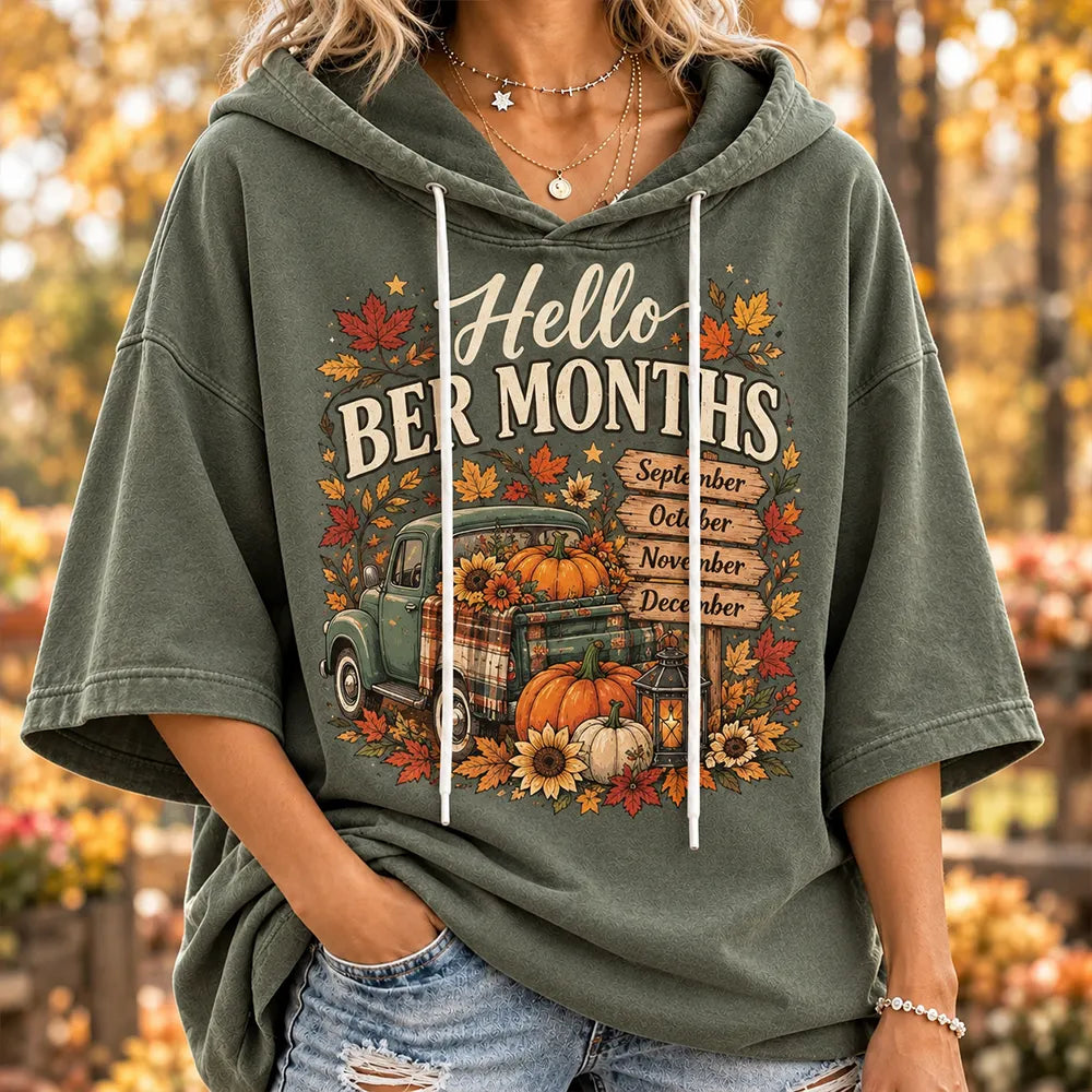 Women's "hello Ber Months" Vintage Truck Short Sleeve Hoodie