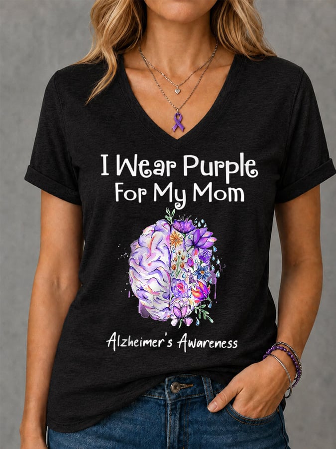 Women's I Wear Purple For My Mom Floral Print Alzheimer's Awareness Support V-Neck Tee