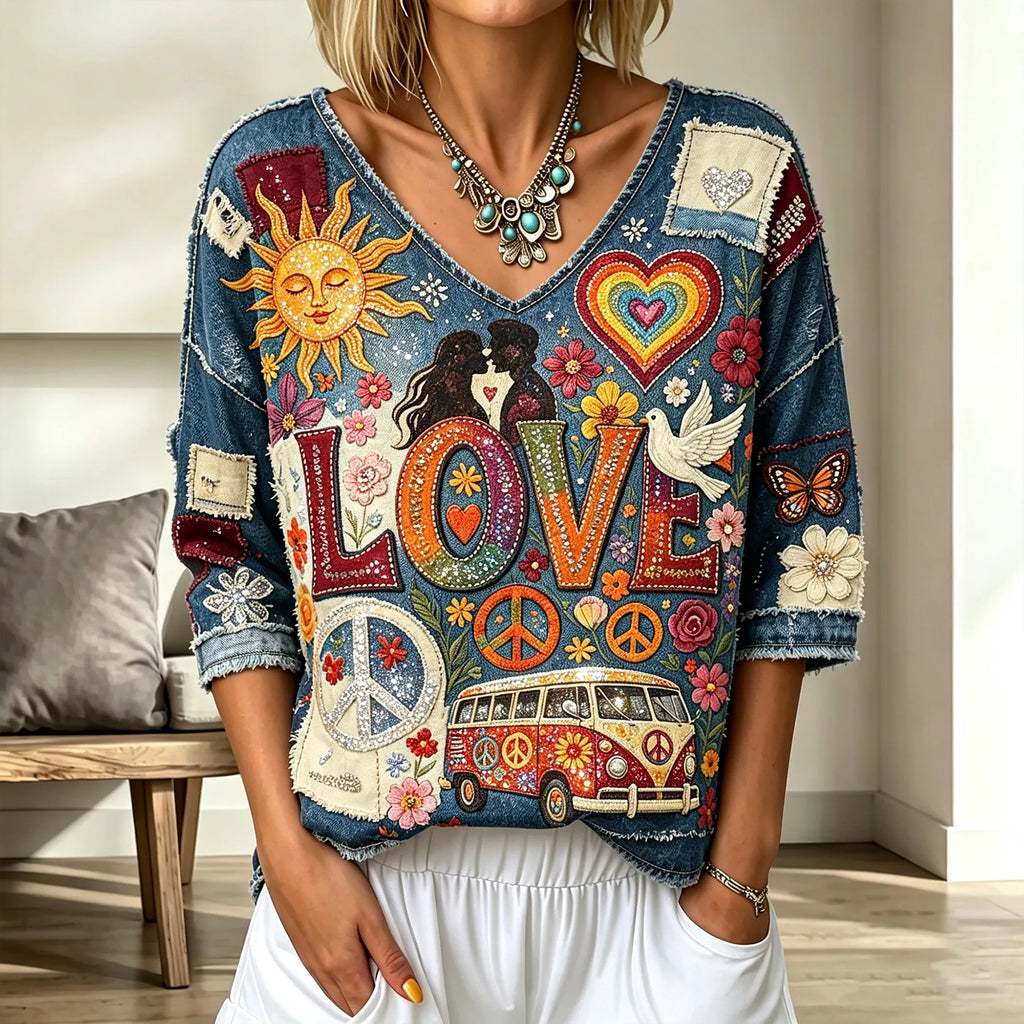 Vintage Hippie Love Sun Peace Bus V Neck Top