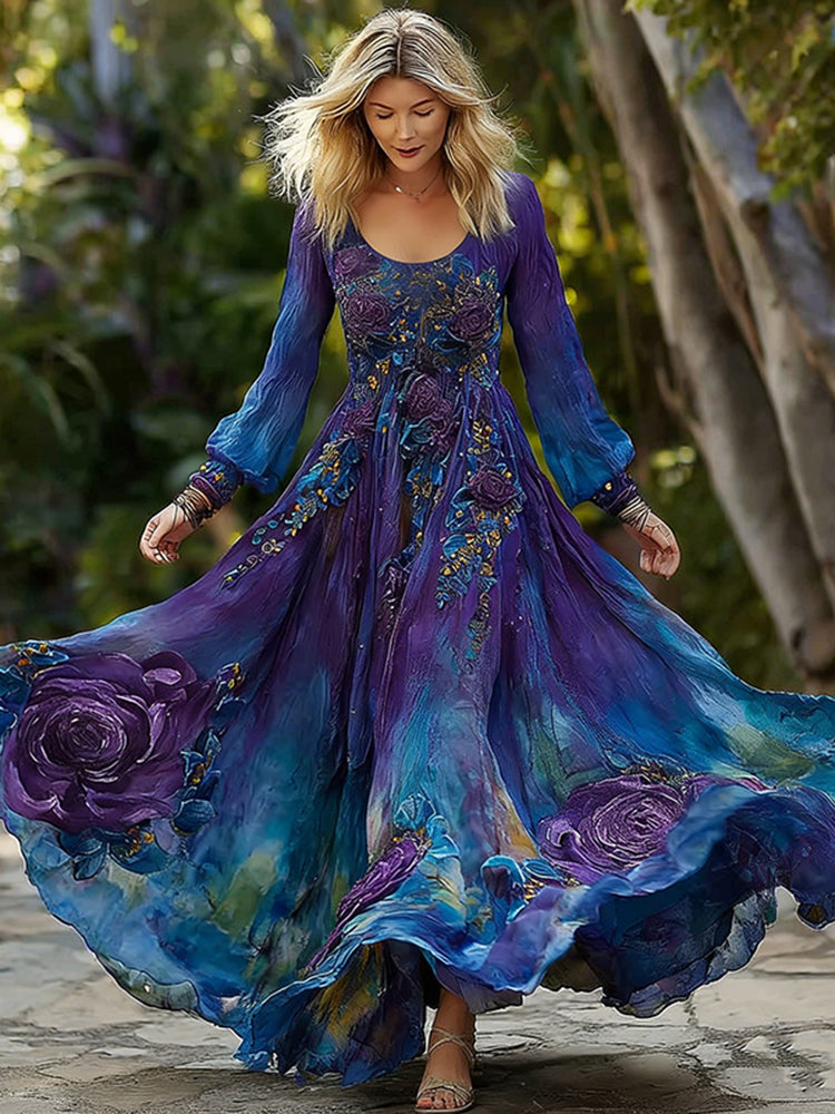 Women's Vintage Rose Floral Gradient Pattern Crew Neck  Long-sleeved Dress