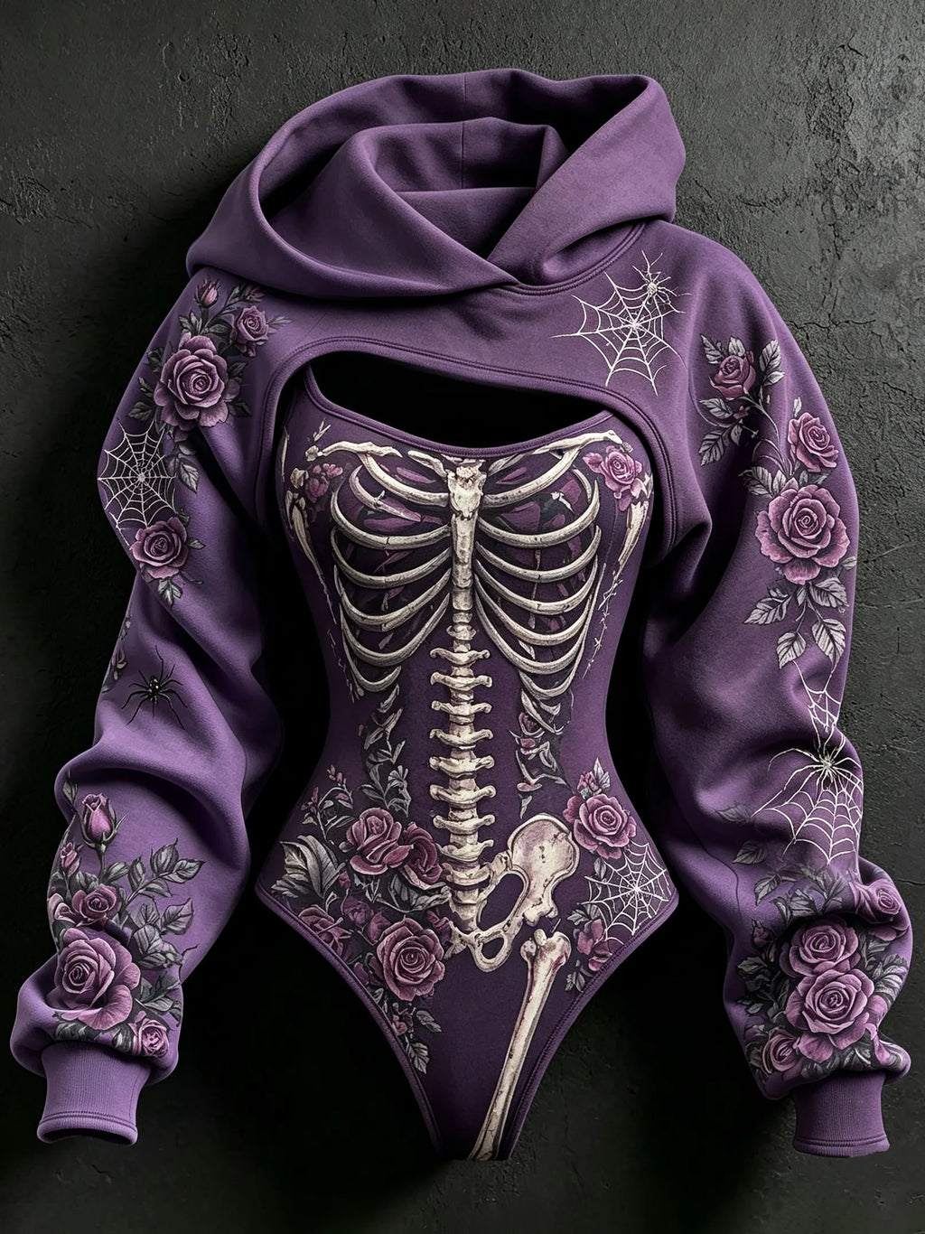 Women's Halloween Rose Skeleton Spider Web Hoodie Two-piece Set