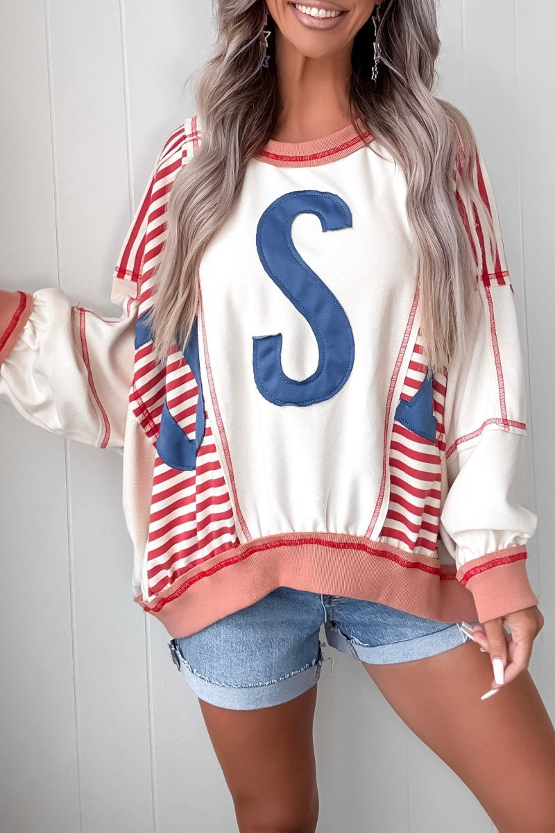 Land Of The Free Striped Sweatshirt - Oatmeal/Red