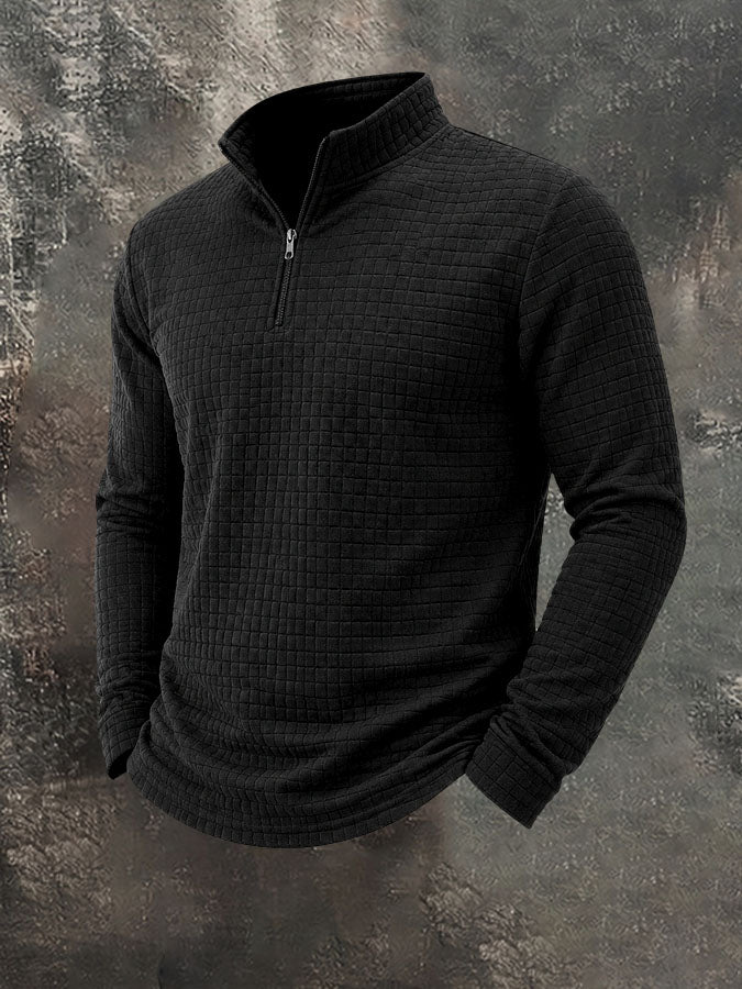 Men's American Retro Autumn And Winter Half-Zip Small Plaid Casual Stand-Up Collar Long-Sleeved Sweatshirt