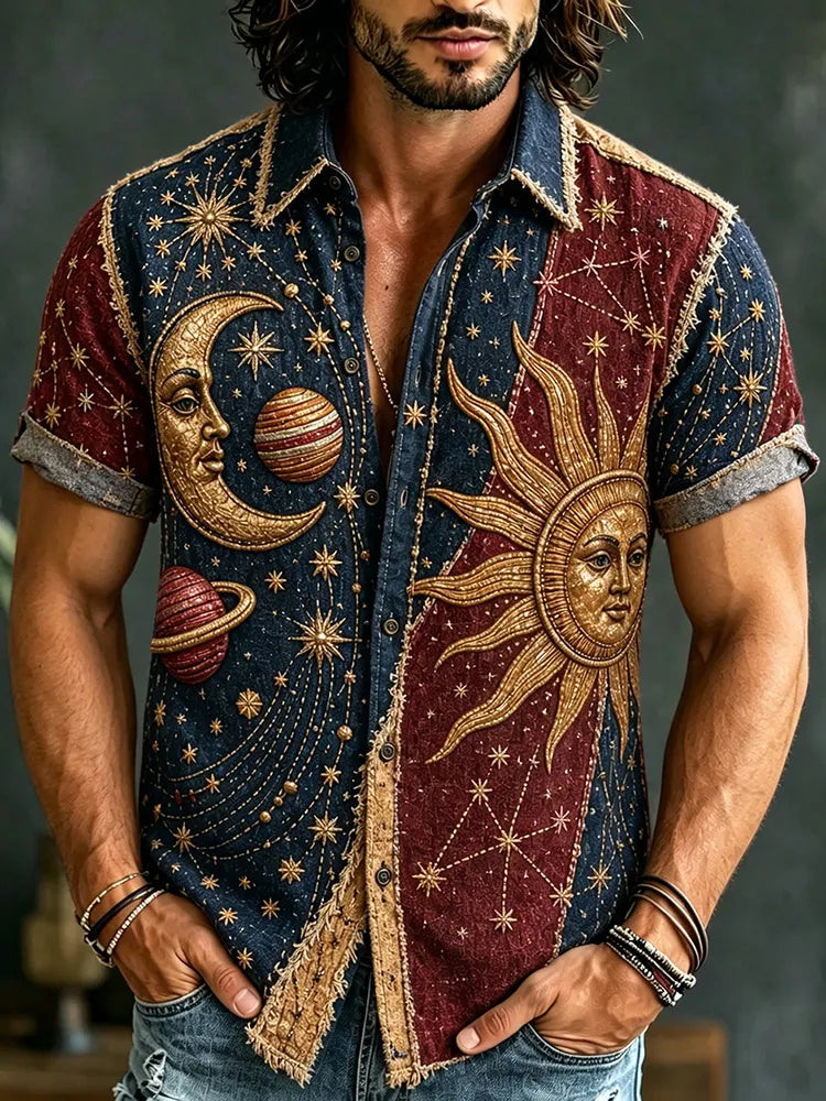 Men's Hippie Mysterious Space Sun Moon And Planets Print Casual Shirt