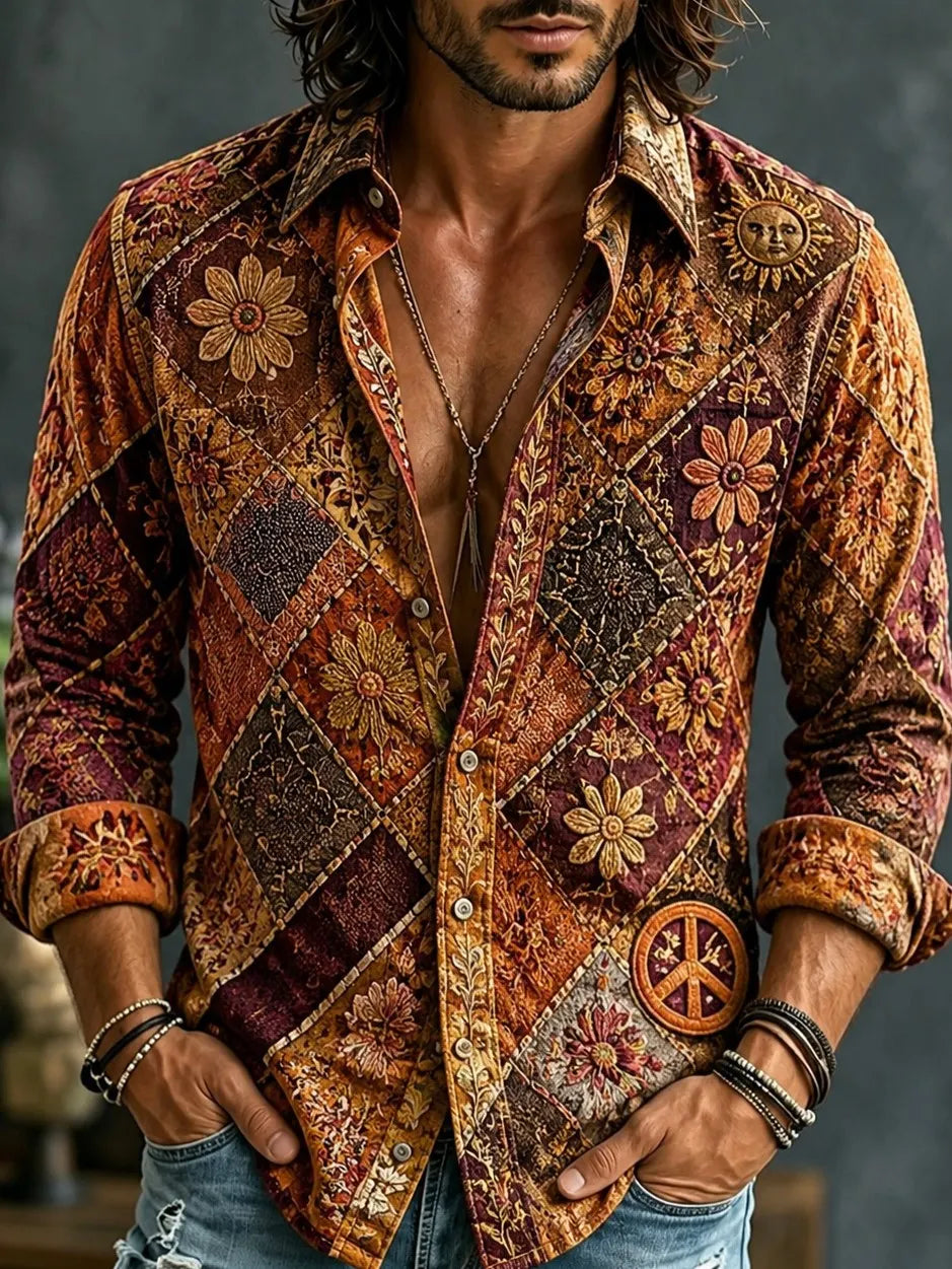 Men's Retro Hippie Style Patchwork Embroidered Print Cotton Linen Shirt