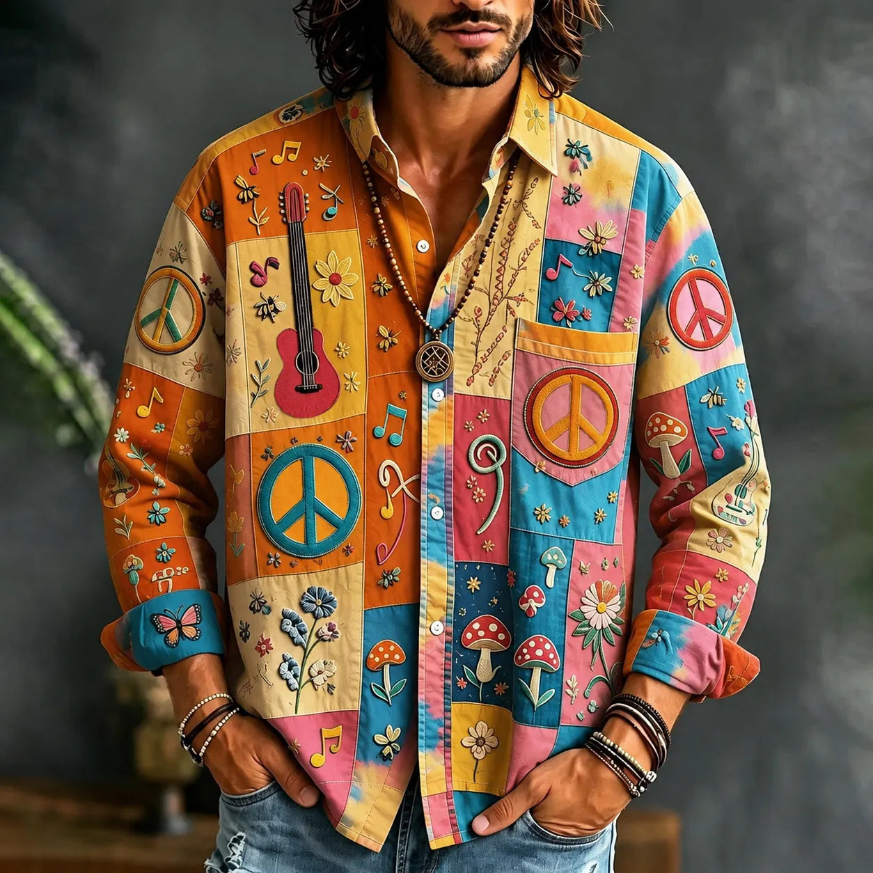 Men's Peace Sign And Guitar Hippie Patchwork Print Long Sleeves Shirt