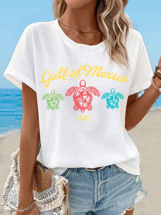 Women's Waffle Gulf Of Mexico Turtle Print T-Shirt