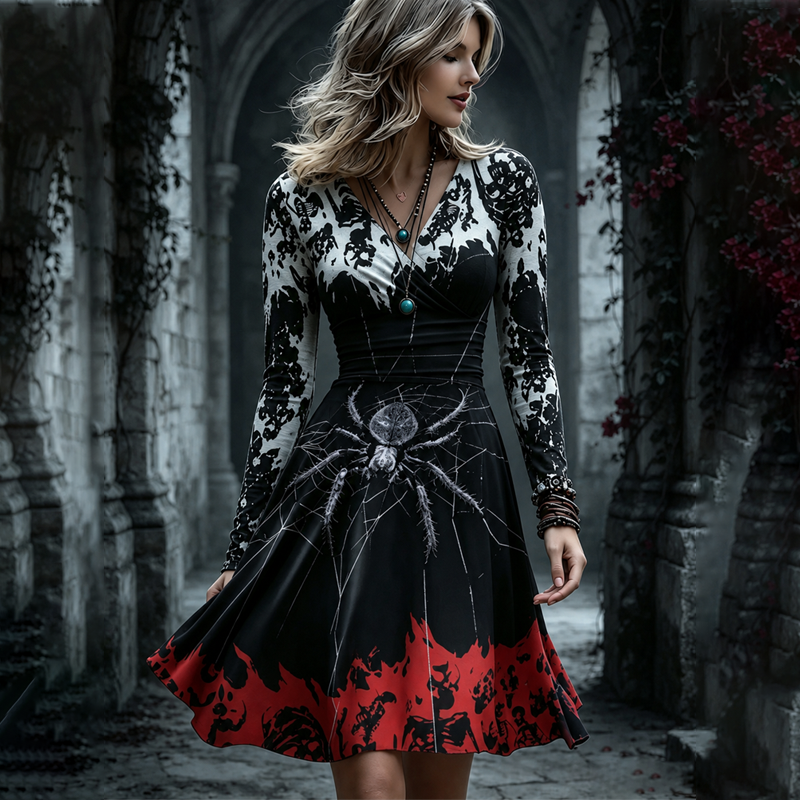 Women's Halloween Gothic Spider Skeleton Short Sleeve Top And Skirt