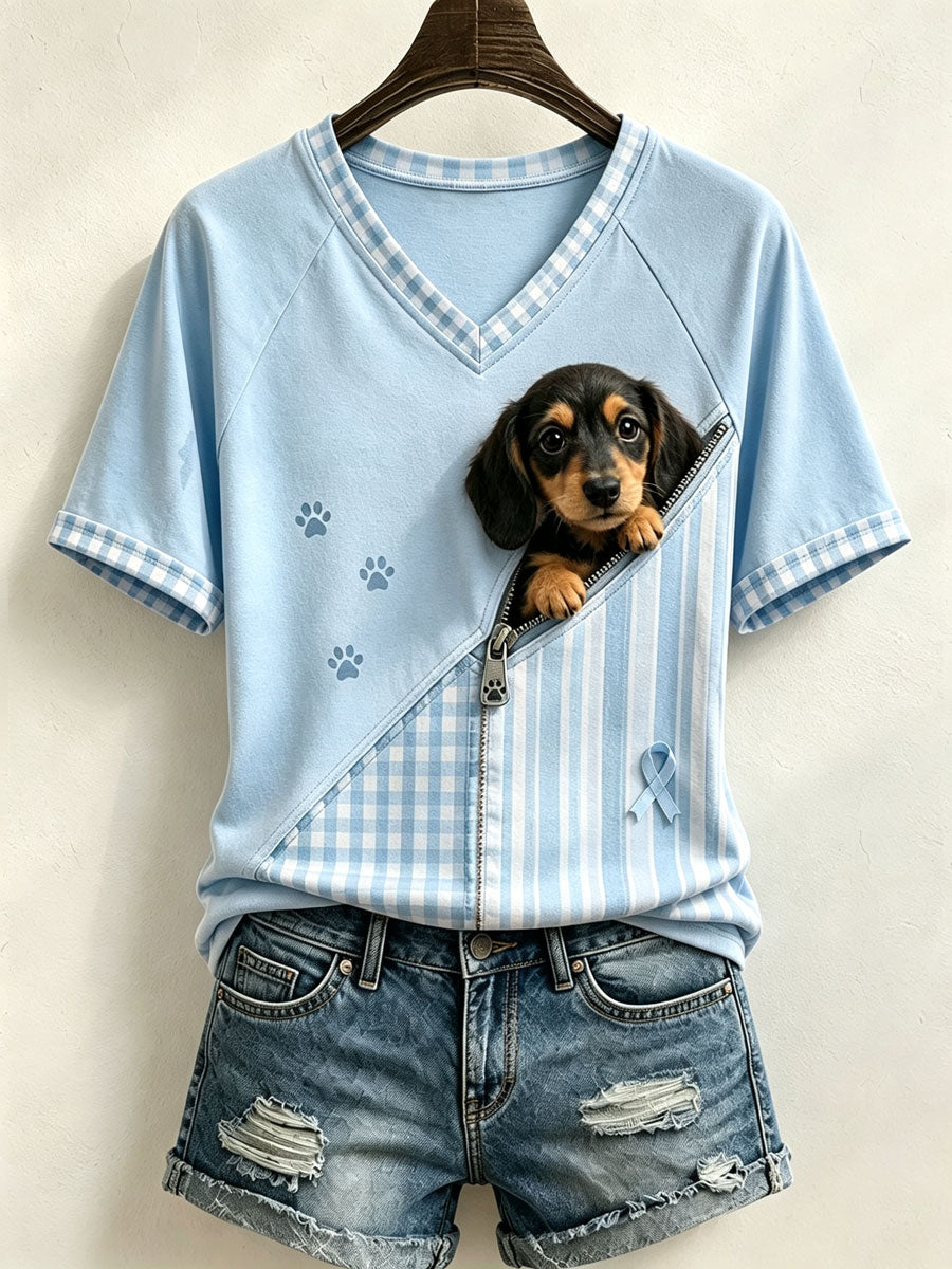 Cute Women'S Spliced T-Shirt Adorned With A Dachshund Pattern And Artwork