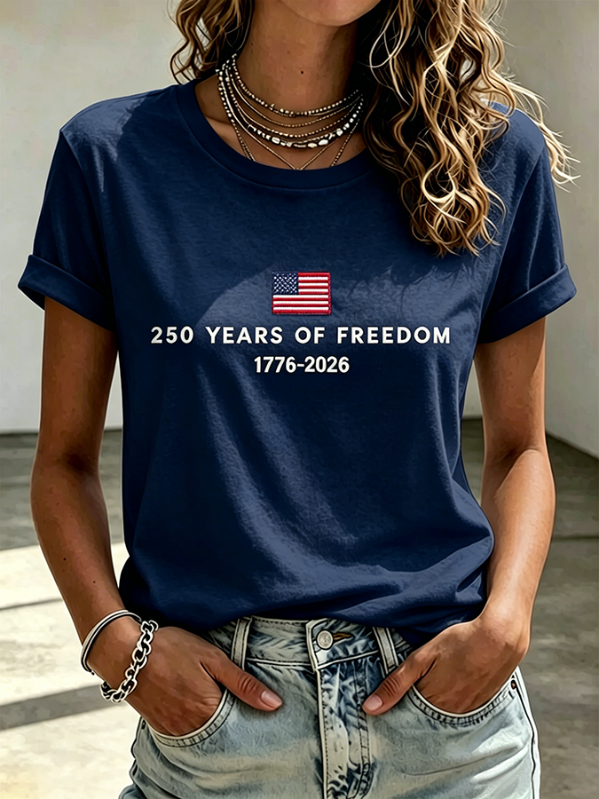 Ladies' Casual American 250Th Anniversary Embroidered Commemorative Round Neck Short Sleeved T-Shirt