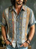 Vintage Washed Faded Grey Celestial Patchwork Short Sleeve Shirt, Boho Star Moon Embroidery Men's Casual Top
