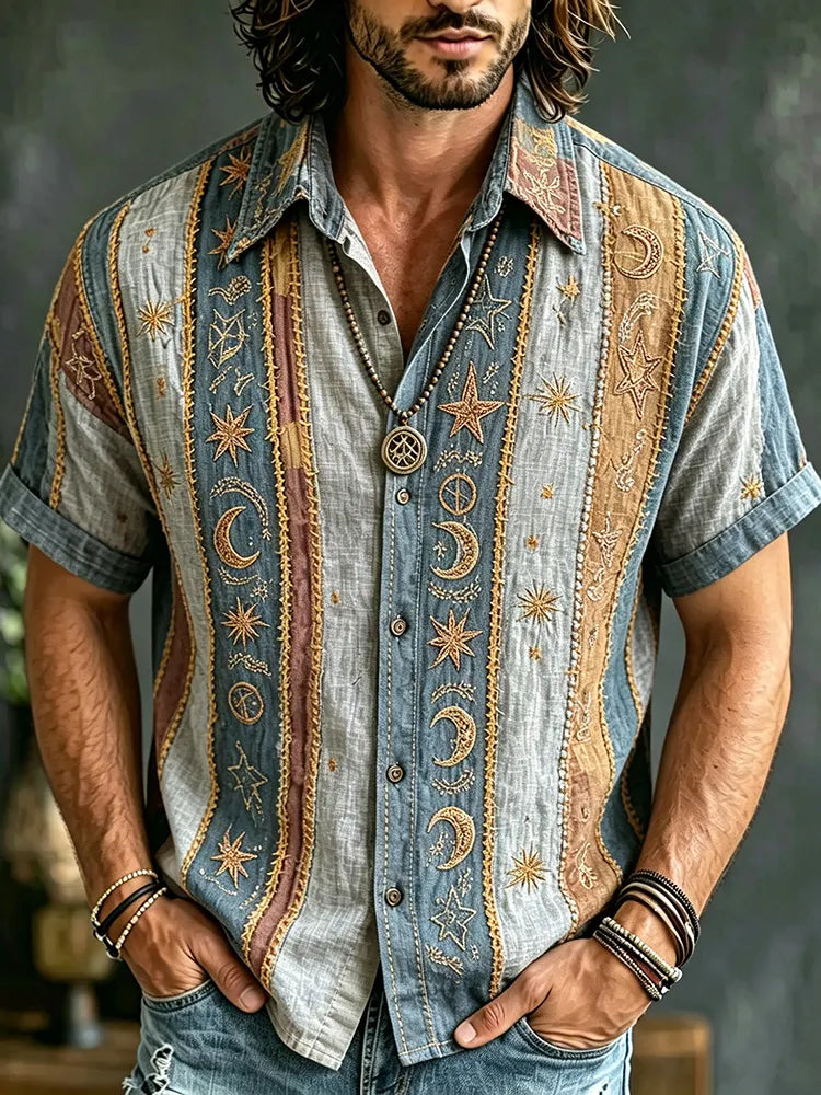 Vintage Washed Faded Grey Celestial Patchwork Short Sleeve Shirt, Boho Star Moon Embroidery Men's Casual Top