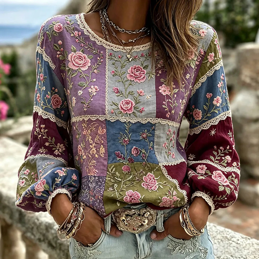 Women's Vintage Pink Floral Art Patchwork Linen Cotton Blend Crew Neck Long Sleeve Top
