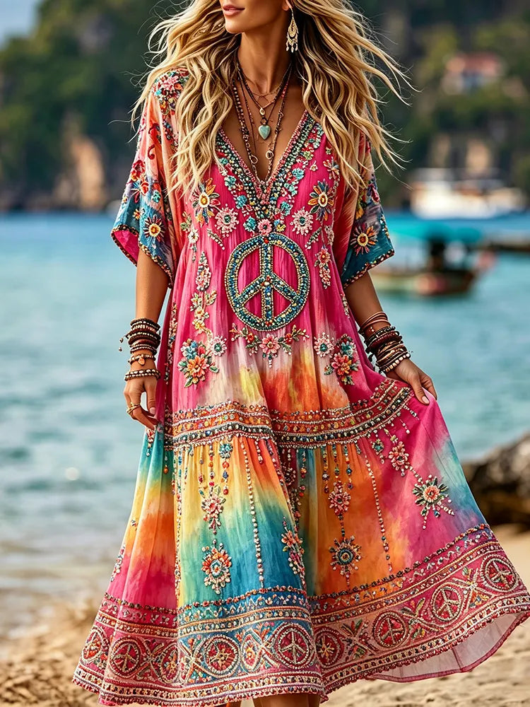 Women's Retro Hippie Floral Gradient Casual Short Sleeve Linen Maxi Dress