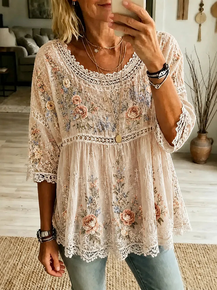 Women's Vintage Boho Floral Embroidered Art Crew Neck Linen Blend T-shirt