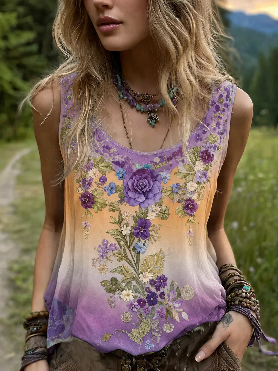 Vintage Classy Gradient Purple Lavender And Floral Embroidered Pattern Linen Tank Top