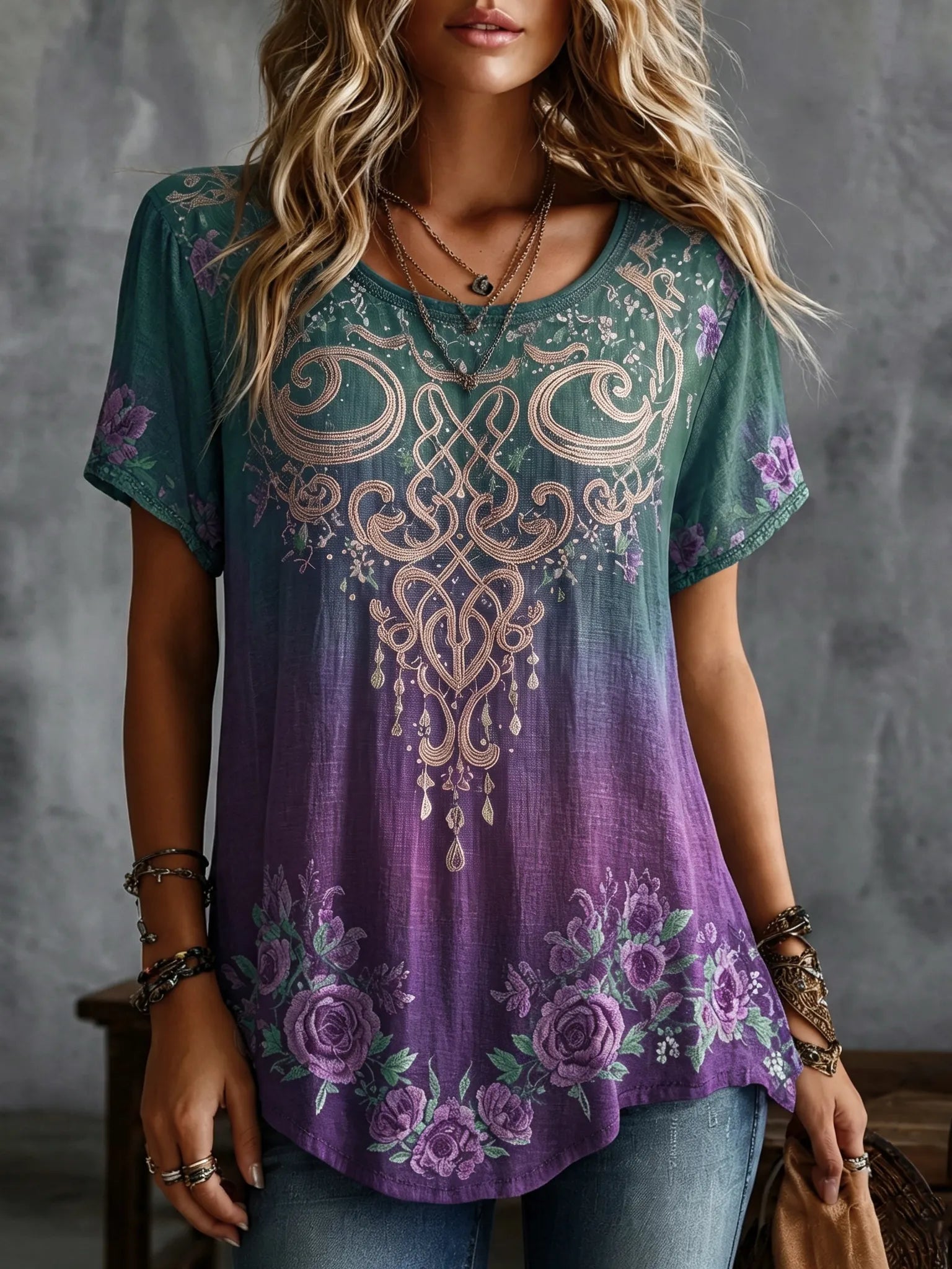 Women's Vintage Celtic Knot Floral Gradient Art Flowy Linen Blend Casual Tops