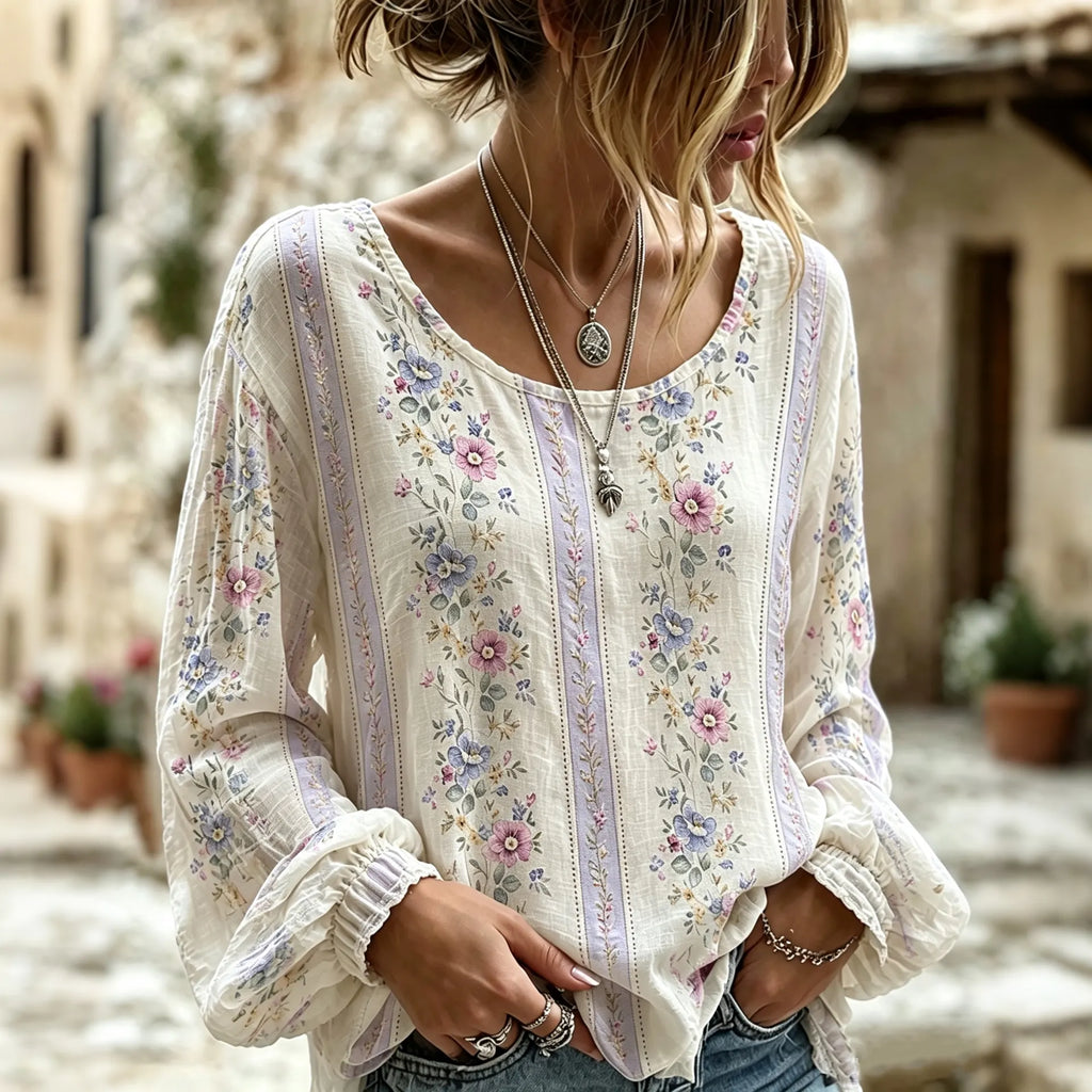 Women's Retro Floral Casual Crew Neck Cotton Linen T-shirt