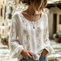 Women's Retro Floral Casual Crew Neck Cotton Linen T-shirt