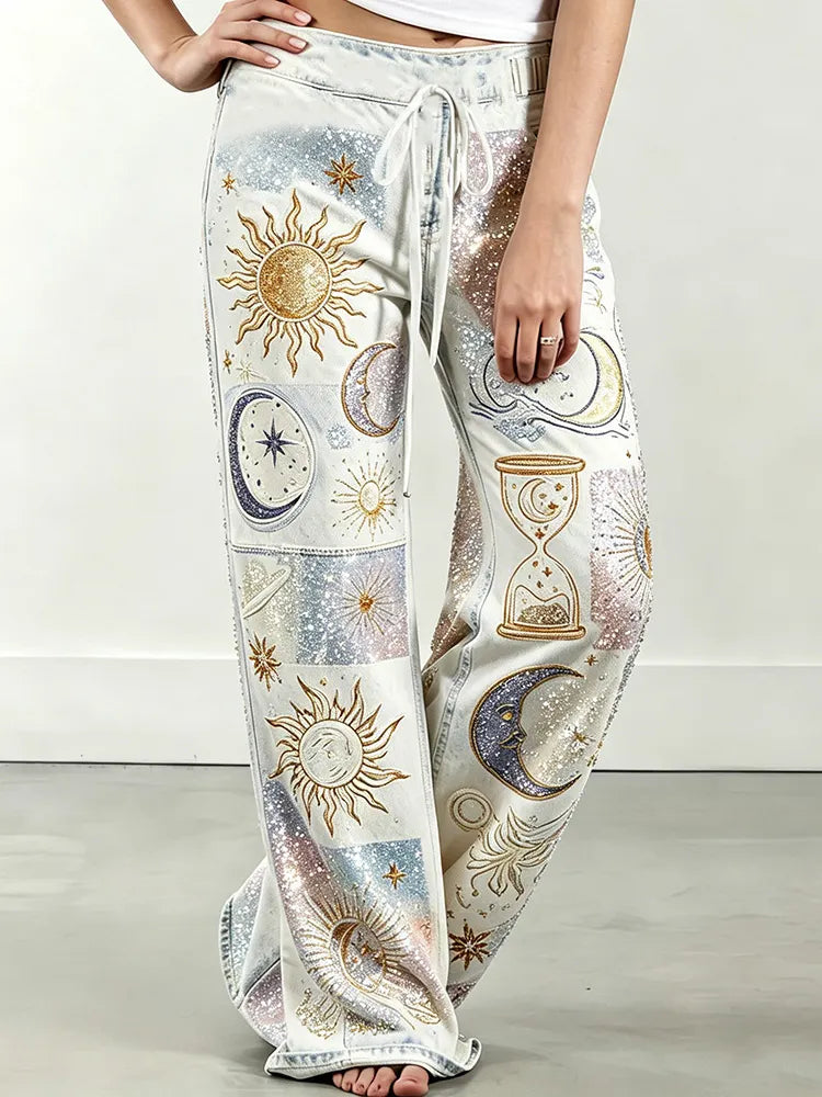 Vintage Cosmic Rhinestone Astrology Wide Leg Jeans | Boho Festival Flare Denim Pants With Sun Moon Star Sparkly Graphic