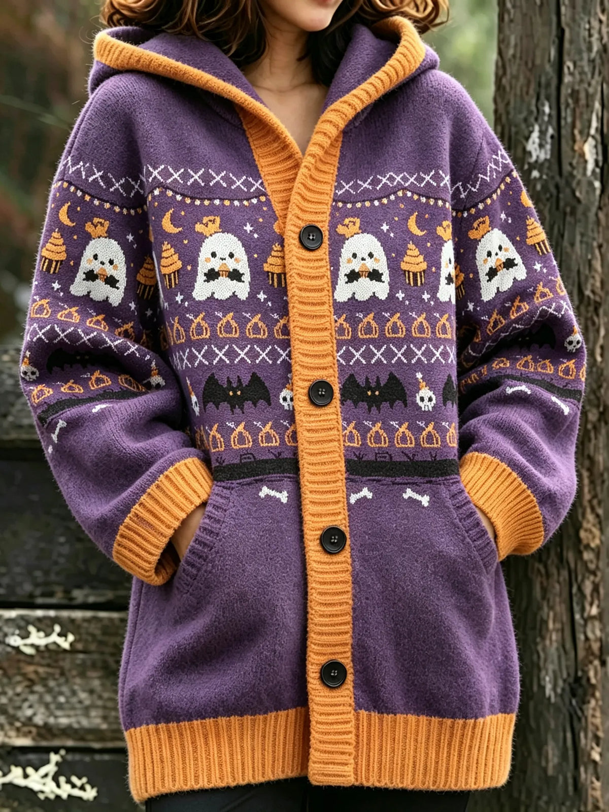 Women's Halloween Ghost Bat Print Hooded Cardigan Sweater