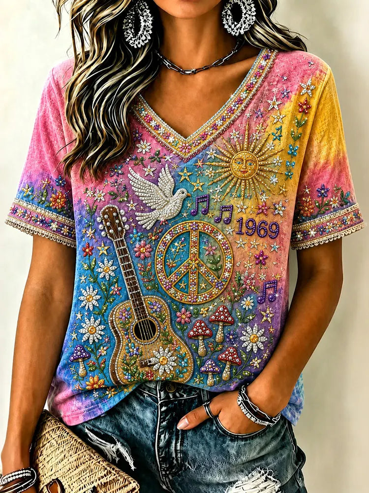 Women's Vintage Hippie Floral Peace Sign Guitar Art Linen Blend V Neck Short Sleeve Tops