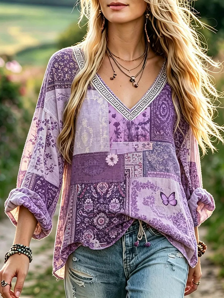 Women's Retro Resort Patchwork Floral Print Cotton Linen Top