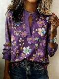 Women's Casual Purple Floral Art-Style Cotton-Linen Shirt