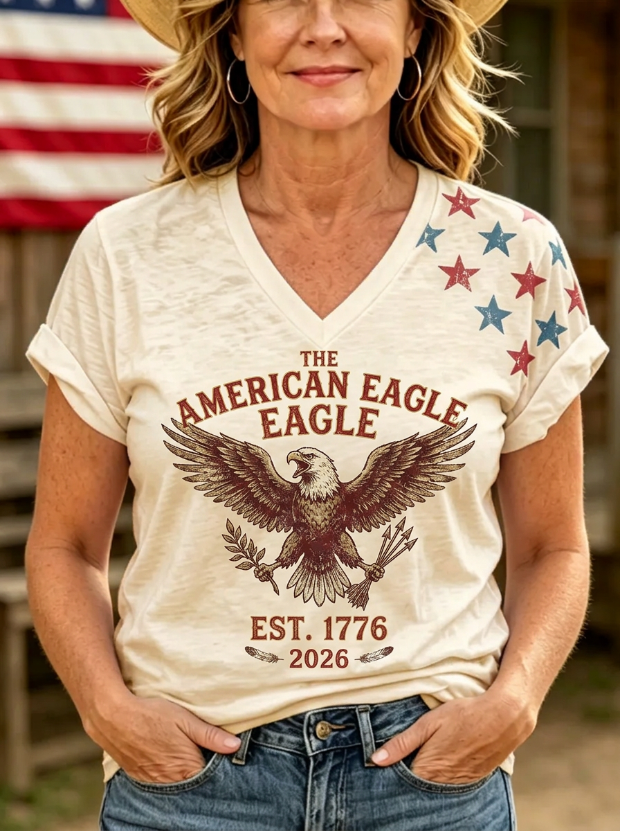 Women's Western Independence Day American Eagle Stars Printed T-shirt