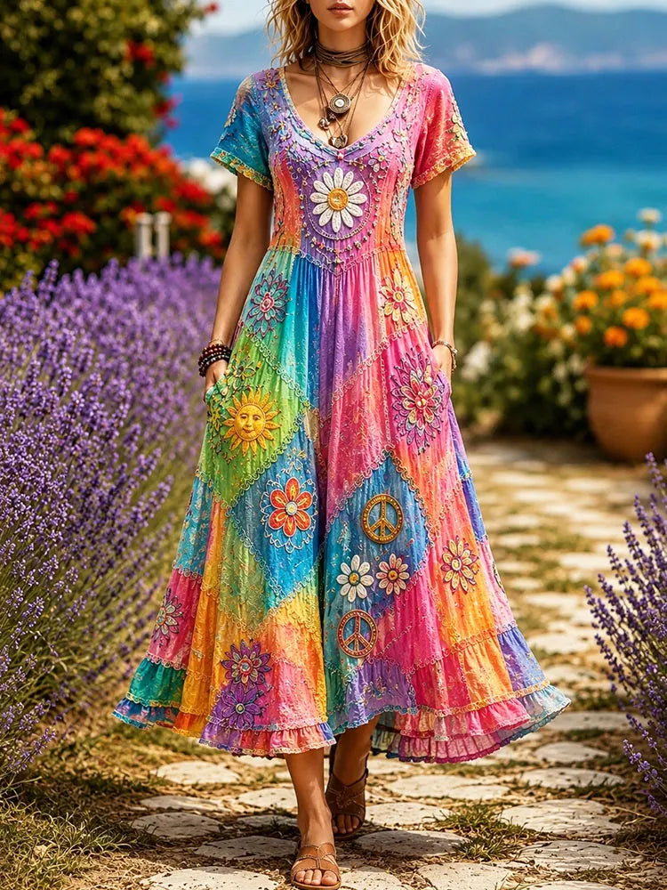 Women's Hippie Peace Sign Contrast Tie Dye Short Sleeve Midi Dress