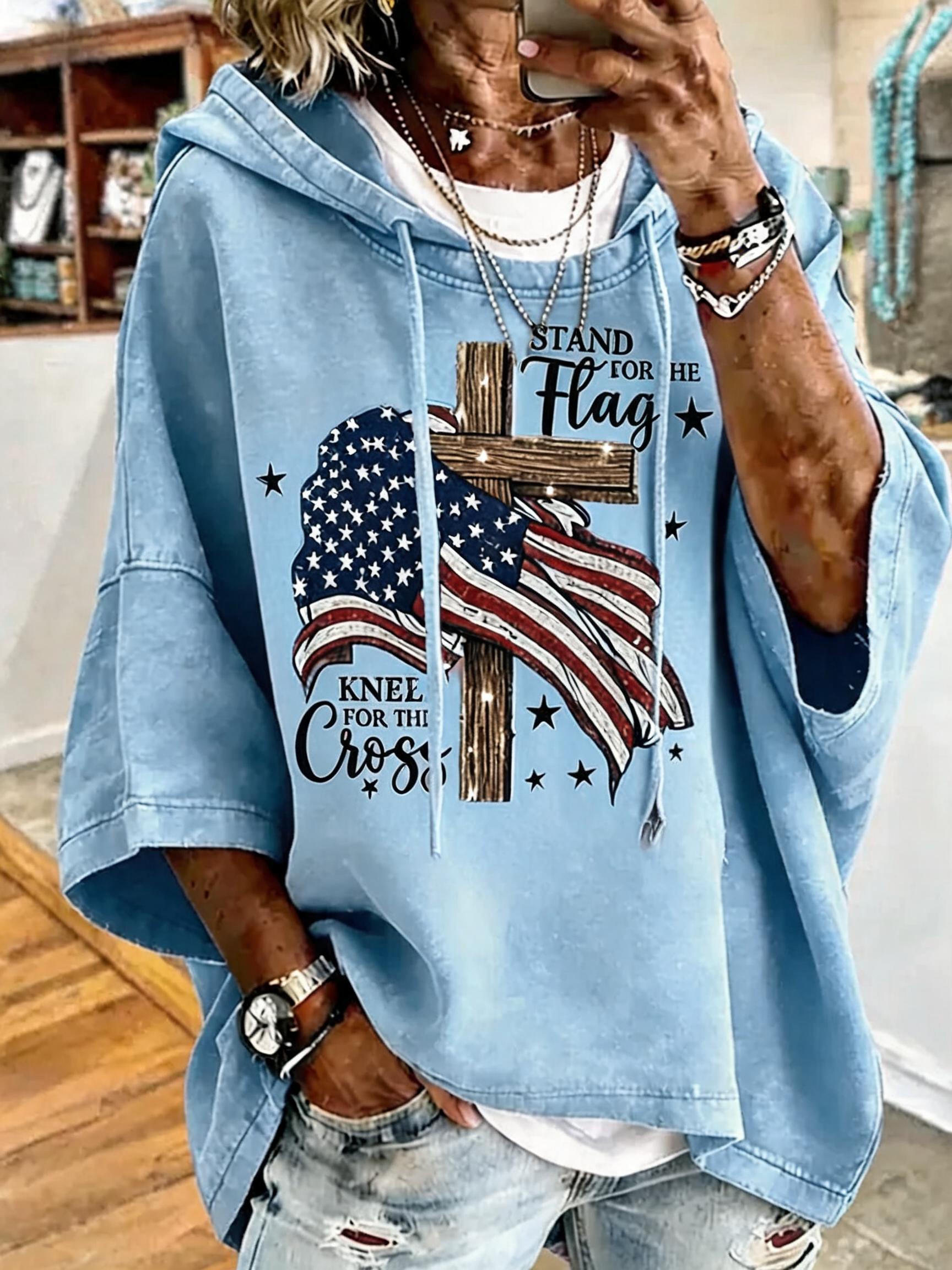 Women's Independence Day Faith Flag Print Oversized Hoodie