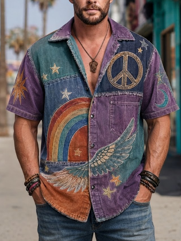 Men's Retro Artistic Patchwork Motif Short Sleeve Button-down