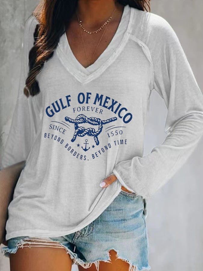 Women's Gulf Of Mexico Print V Neck T-Shirt