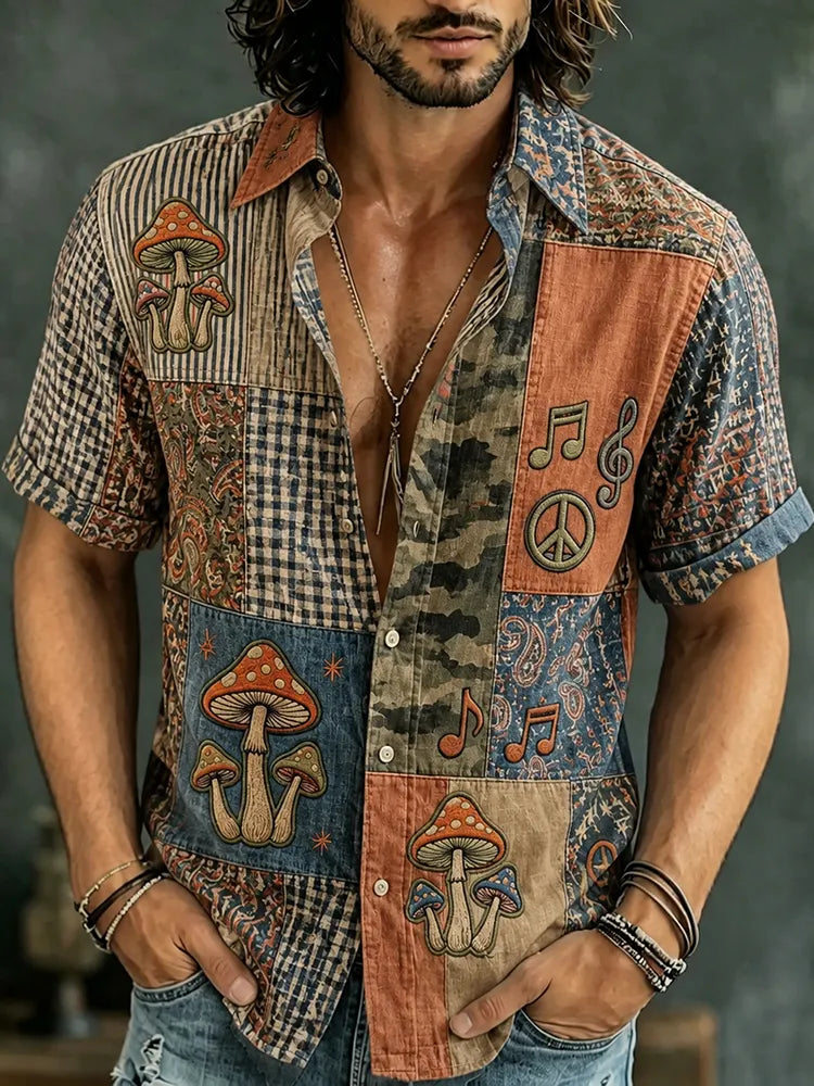 Men's Vintage Hippie Patchwork Art Lapel Short Sleeve Shirt