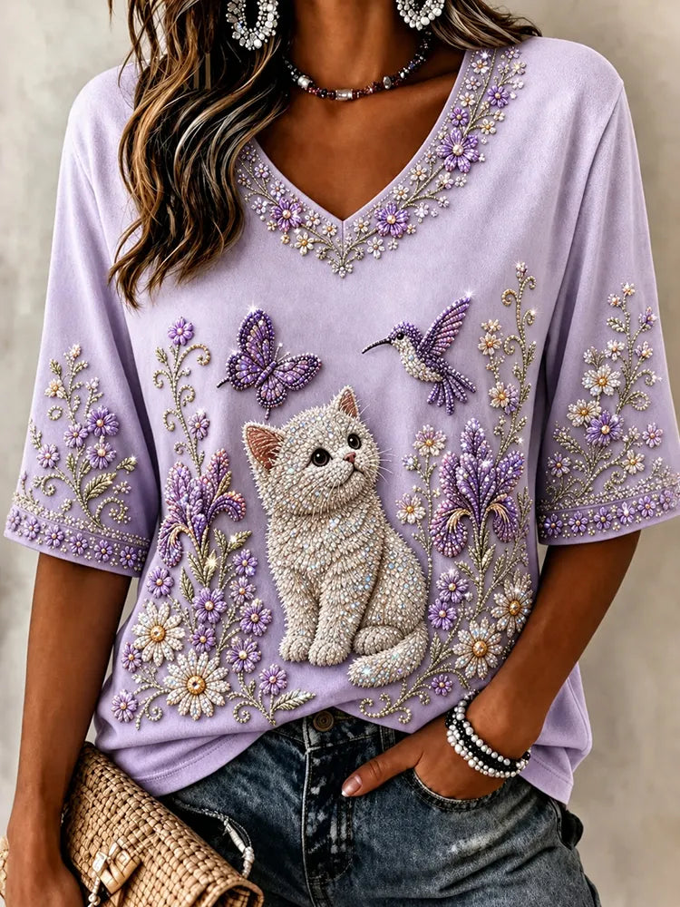 Women's Vintage Purple Floral Cat Art Flowy Linen Blend Three Quarter Sleeves T-shirt