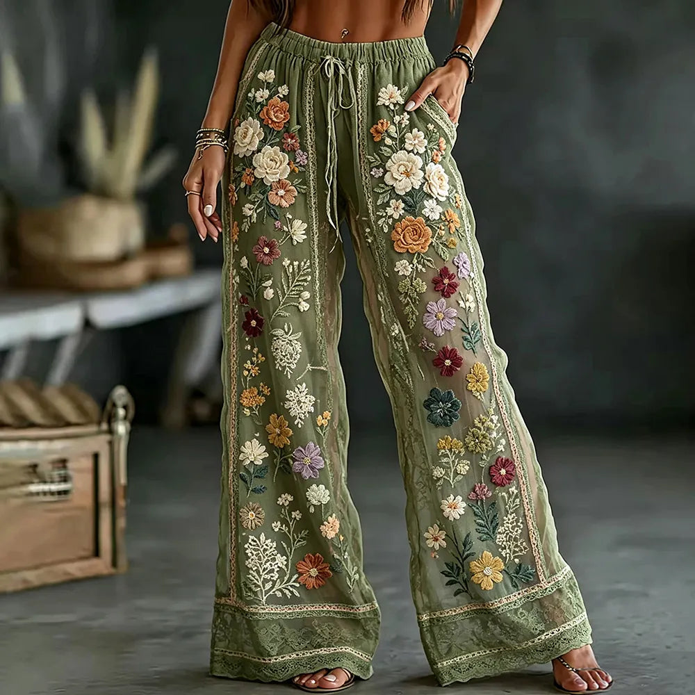 Vintage Colorful Floral And Lace Art Cotton Linen Comfortable Pants