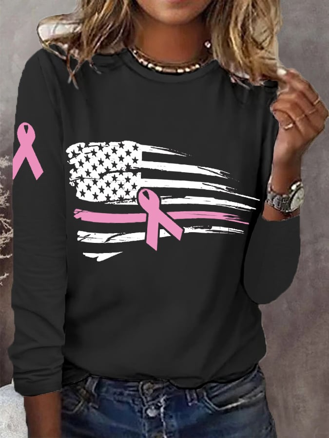 Women's Pink Ribbon American Flag Breast Cancer Awareness Warrior Long-Sleeve T-Shirt