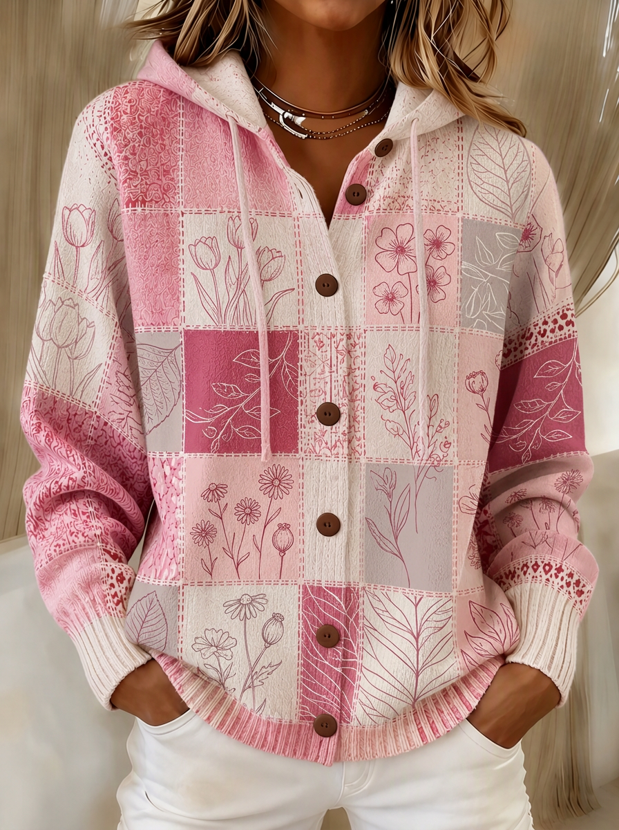 Women's Breast Cancer Awareness Pink Floral Patchwork Printed Cardigan