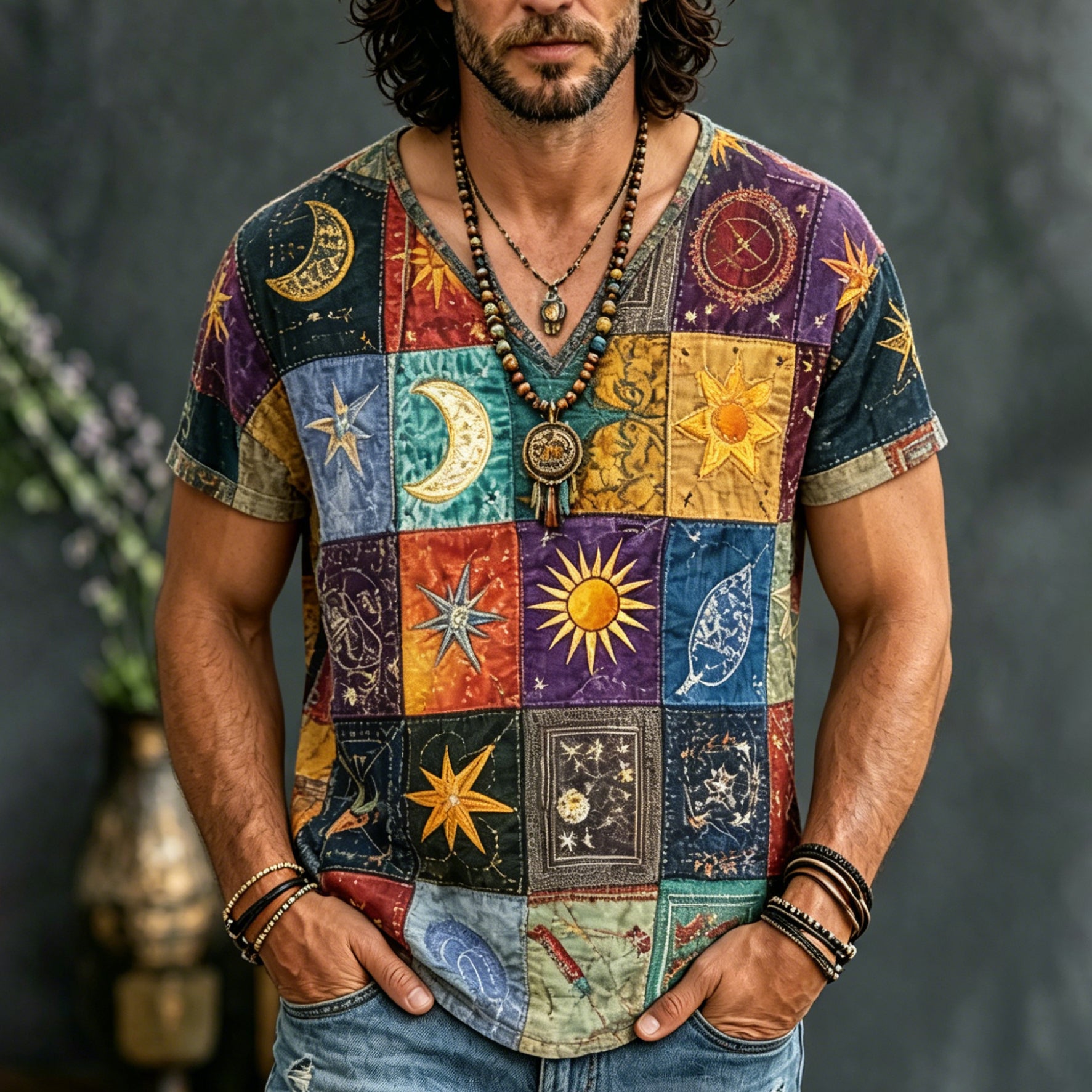 Men's Hippie Patchwork Sun Moon Art Print T-shirt