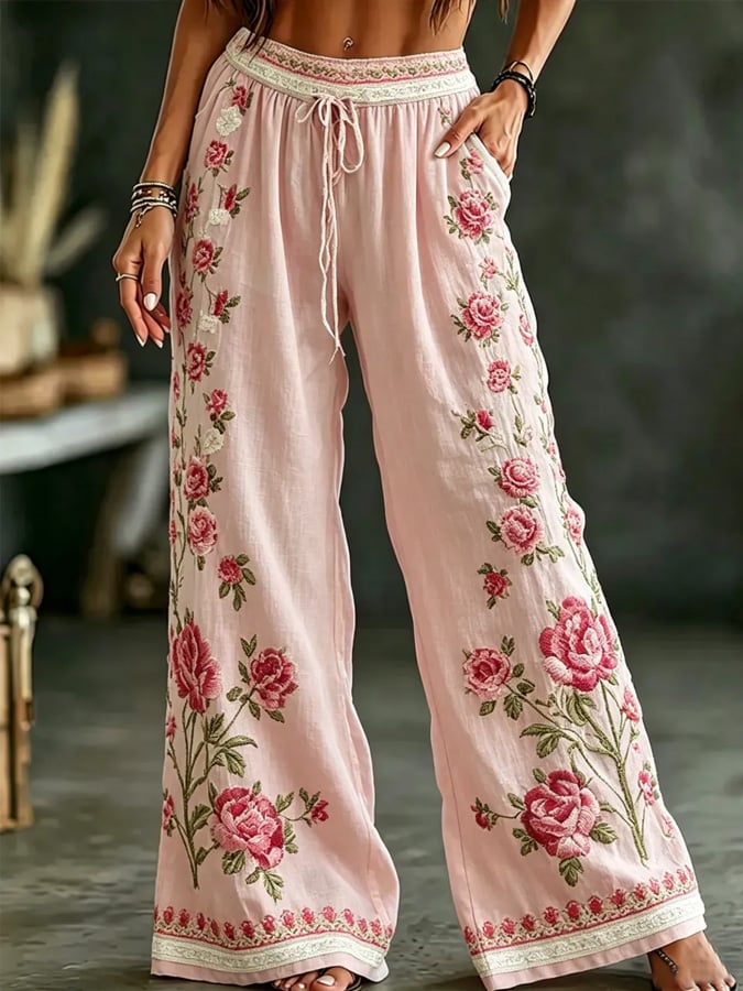 Women's Breast Cancer Awareness Pink Floral Print Casual Pants